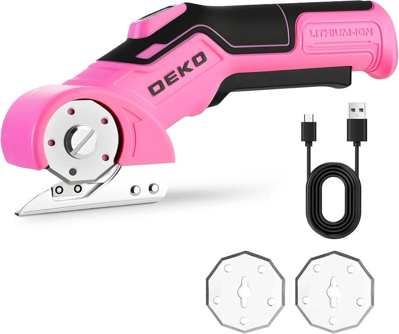 DEKOPRO Cordless Electric Scissors Cardboard Cutter: 4V 2000mAh Electric Box Cutter, Rechargeable Power Rotary Cutter with Safety Lock, 389g Carpet Cutter with 2 Blade, Type-C Charging(Pink) - Image 1